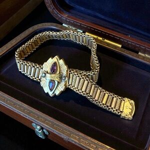 Antique Victorian Gold Filled Mesh Slide Bracelet Amethyst Glass Seed Pearl 1882